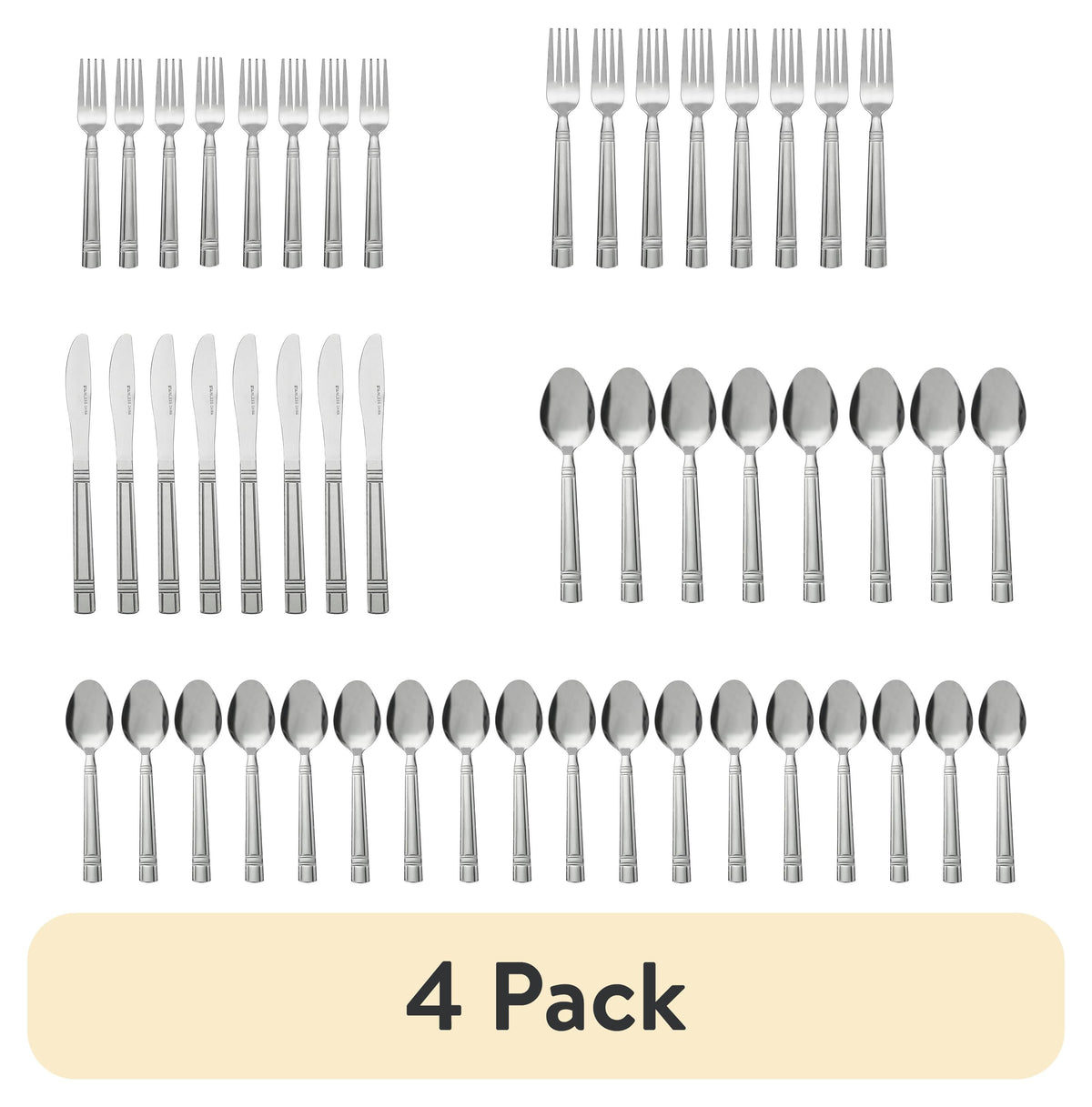 (4 pack) Mainstays 49 Piece Elena Adult Stainless Steel Flatware and Organizer Tray Value Set Silver, Service for 8