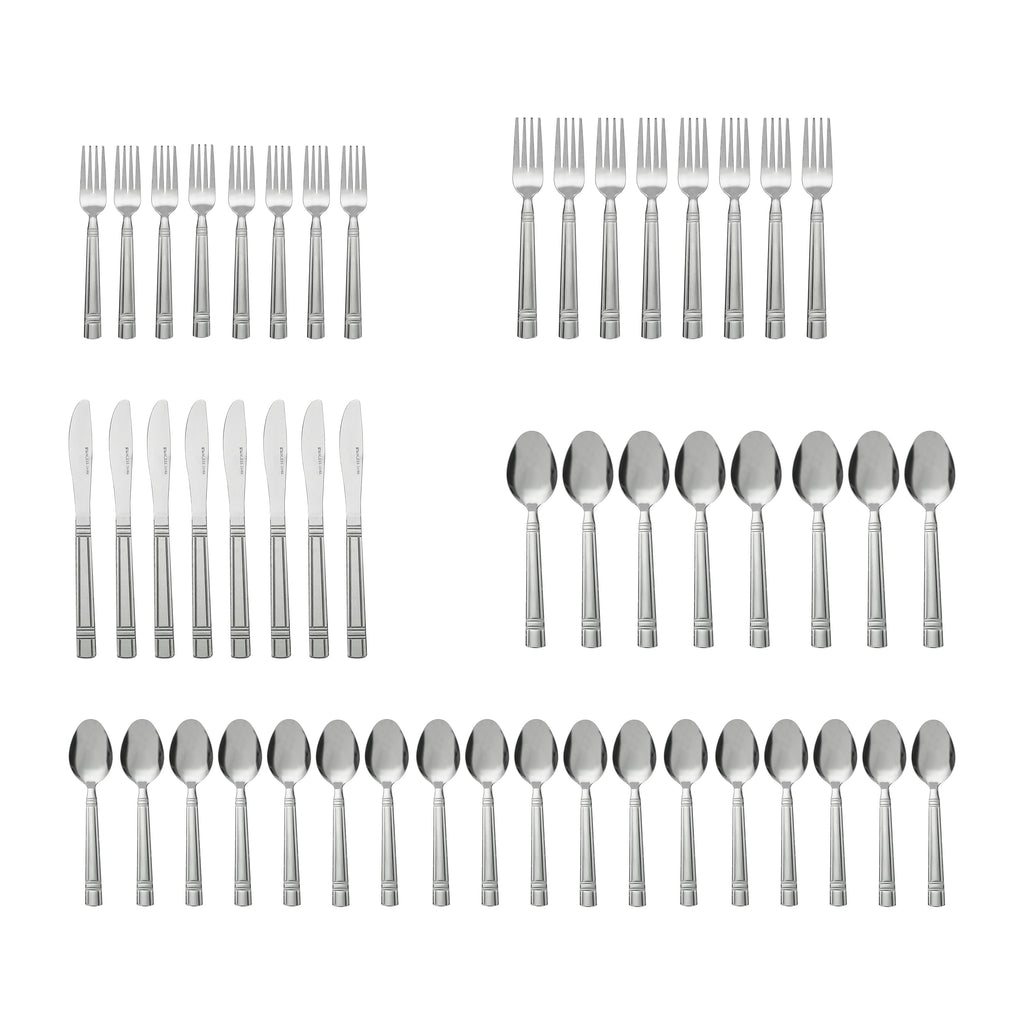(4 pack) Mainstays 49 Piece Elena Adult Stainless Steel Flatware and Organizer Tray Value Set Silver, Service for 8