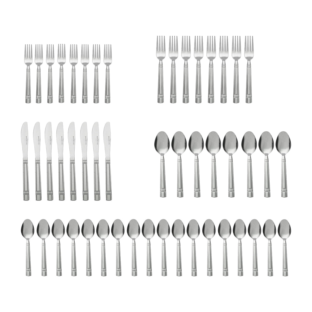 (4 pack) Mainstays 49 Piece Elena Adult Stainless Steel Flatware and Organizer Tray Value Set Silver, Service for 8