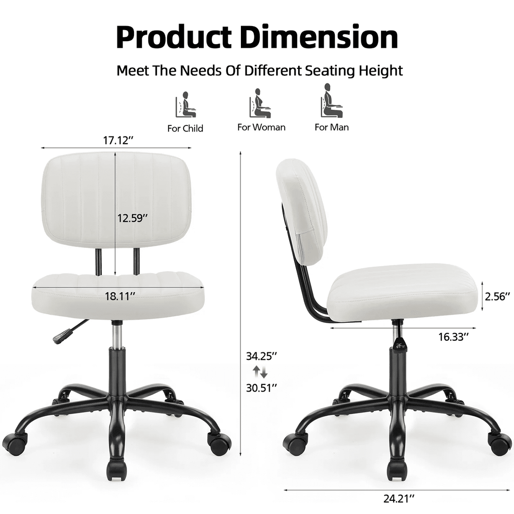 CONCETTA Ergonomic Home Office PU Leather Desk Chair, Small Space, Armless Rolling Chair for Adults, White