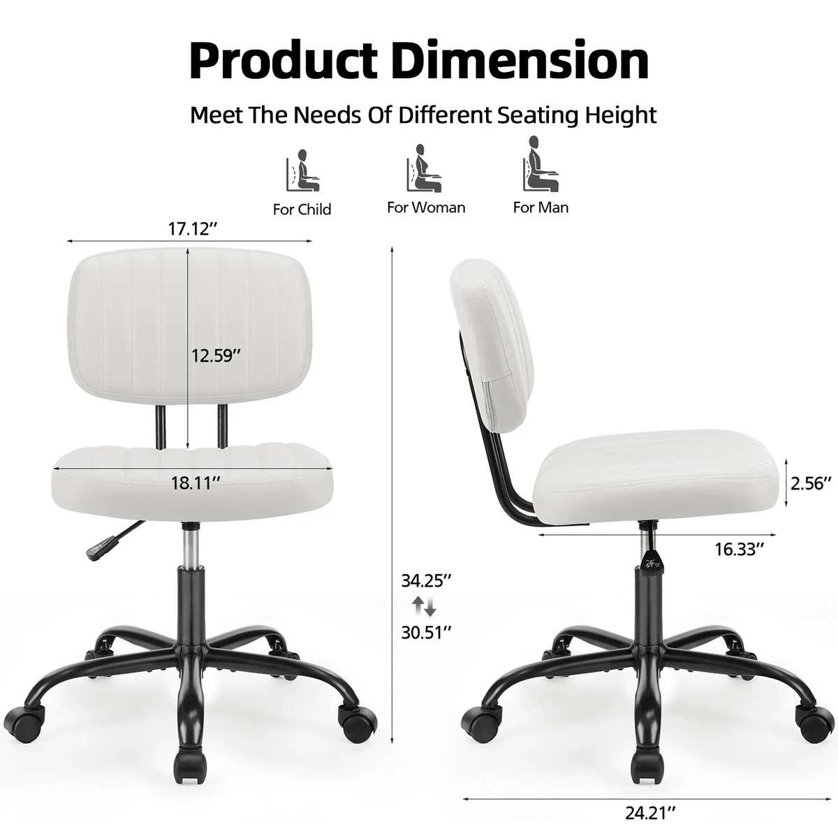 CONCETTA Ergonomic Home Office PU Leather Desk Chair, Small Space, Armless Rolling Chair for Adults, White