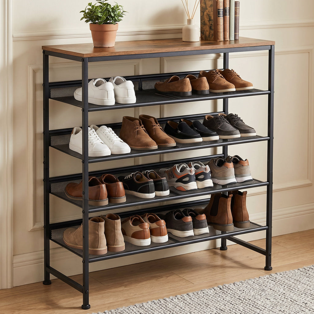 CONCETTA 5-Tier Adjustable Shoe Rack Antique Wood Mesh Metal Shelves Wooden Top for Entryway