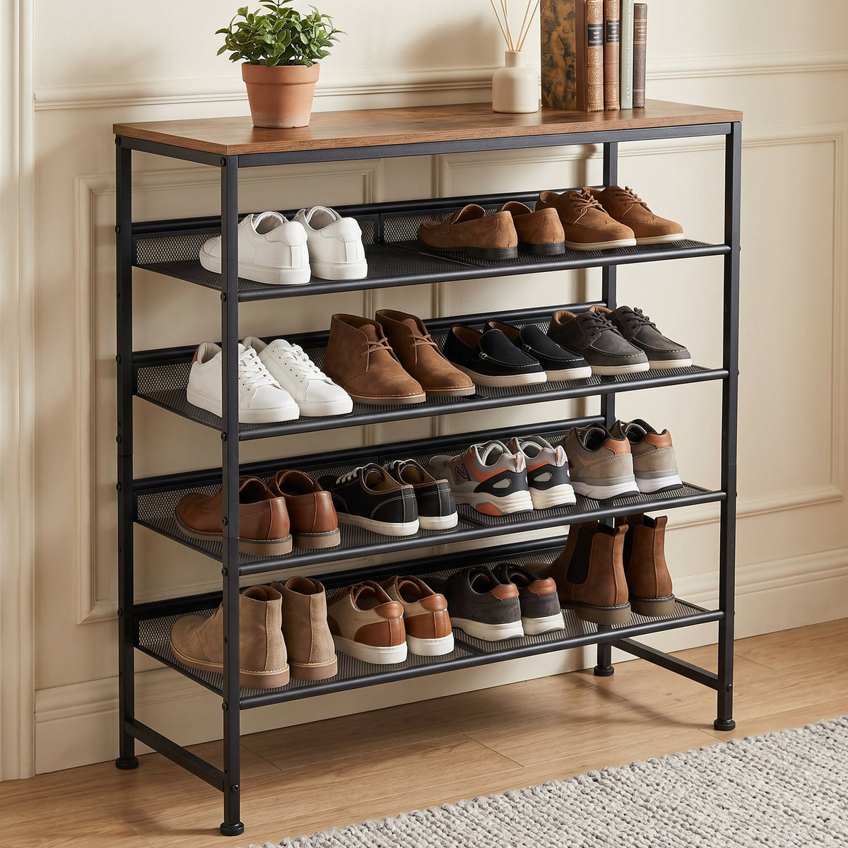 CONCETTA 5-Tier Adjustable Shoe Rack Antique Wood Mesh Metal Shelves Wooden Top for Entryway