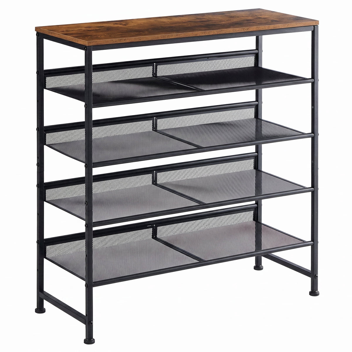 CONCETTA 5-Tier Adjustable Shoe Rack Antique Wood Mesh Metal Shelves Wooden Top for Entryway