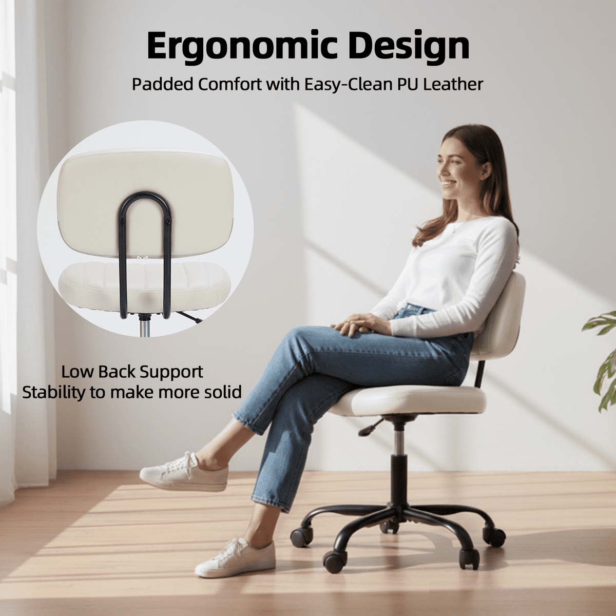 CONCETTA Ergonomic Home Office PU Leather Desk Chair, Small Space, Armless Rolling Chair for Adults, White