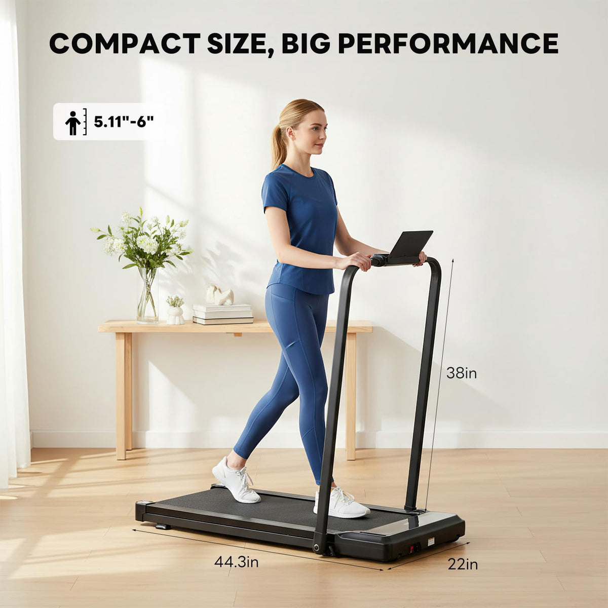 CONCETTA Foldable Walking Treadmill with Handrails, 2-in-1 Quiet Under Desk Treadmill for Home Office, Remote Control, LED Display, Black