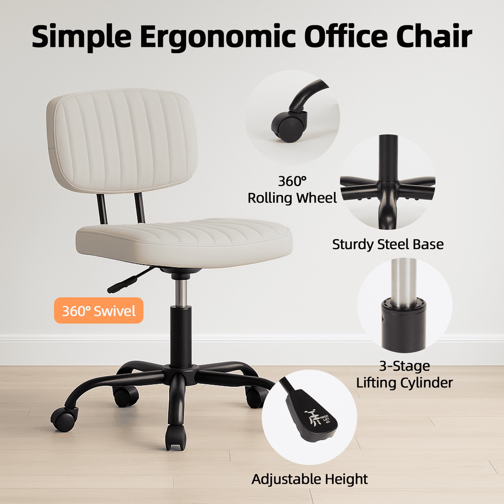 CONCETTA Ergonomic Home Office PU Leather Desk Chair, Small Space, Armless Rolling Chair for Adults, White