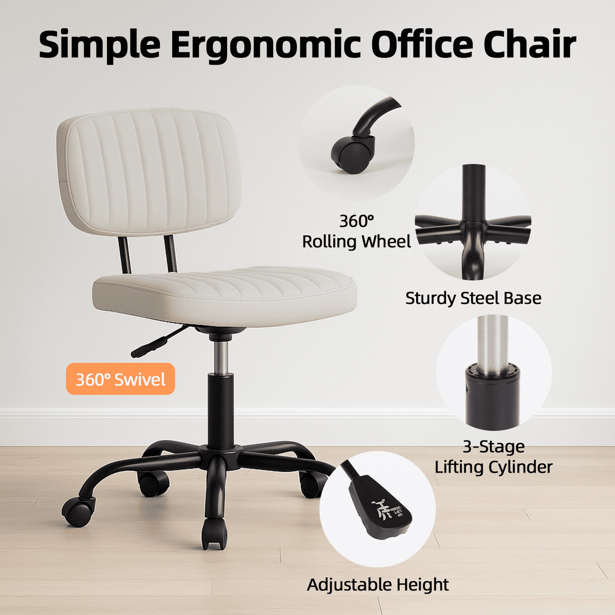 CONCETTA Ergonomic Home Office PU Leather Desk Chair, Small Space, Armless Rolling Chair for Adults, White