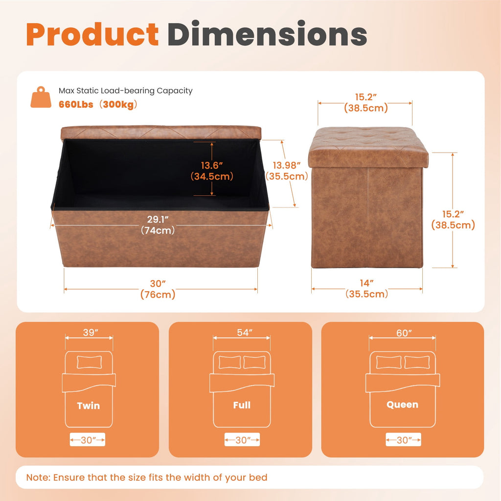 CONCETTA 30" Storage Ottoman Bench, Foldable Storage Chest, End of Bed Foot Stool with Padded Seat, Bedroom Bench, Support 660lbs, PVC Brown