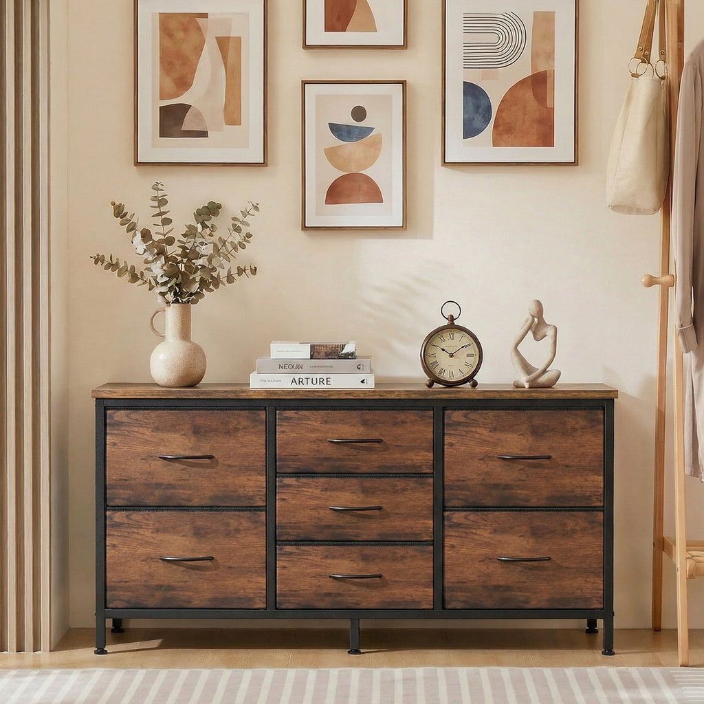 CONCETTA 7 Drawer Storage TV Dresser, Metal Frames Resist Deformation, Adjustable Feet Prevent Tipping, Accommodates TV Up to 55 inch, Suitable for Living Room, Rust Brown
