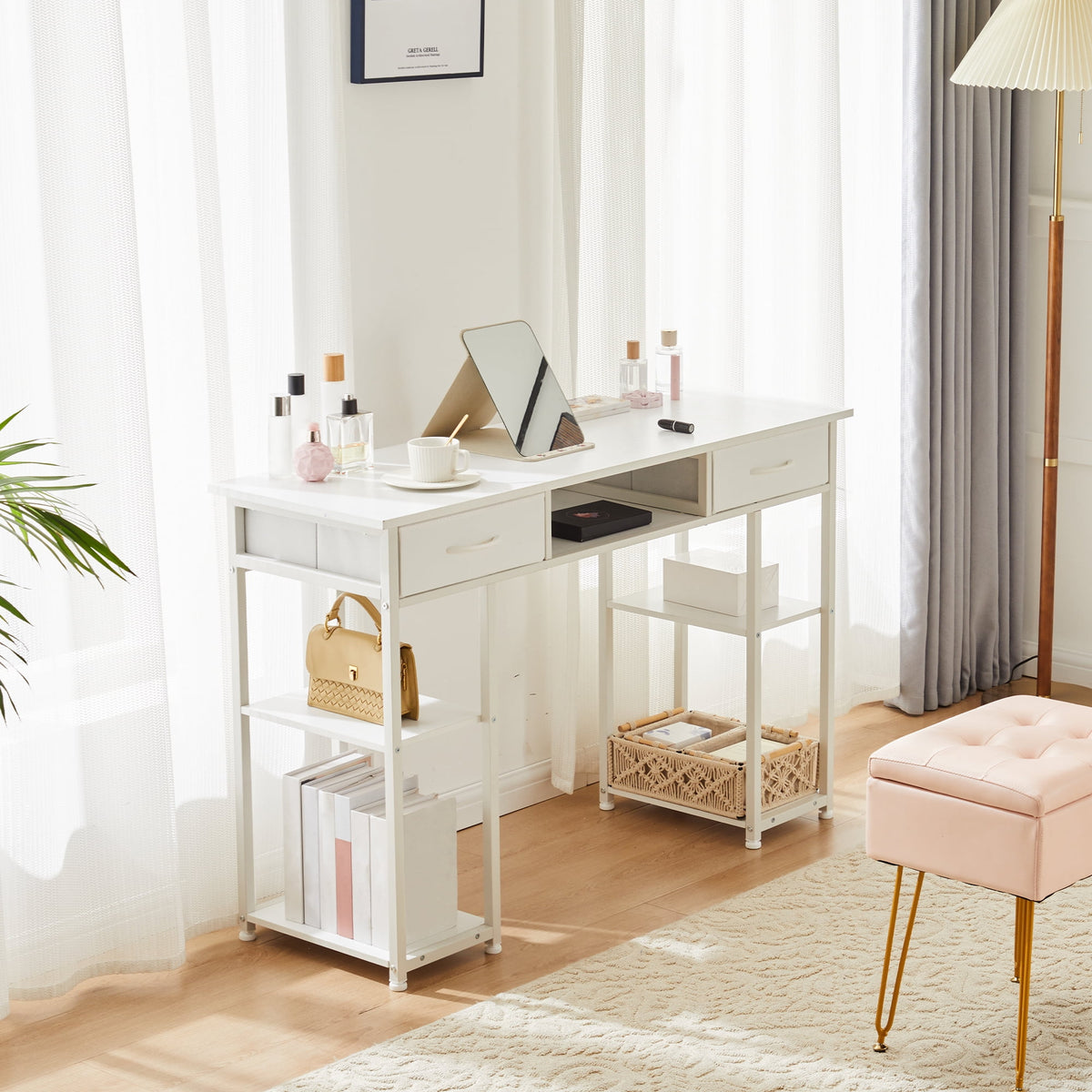 CONCETTA 48 inch Small Desk with Fabric Drawers & Storage Shelves, Computer Desk, Writing Desk for Home Office, Bedroom, White