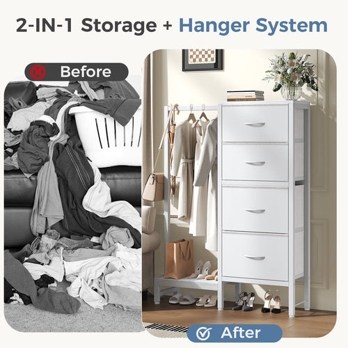 CONCETTA 4 Drawers Dresser with Hanging Rack, 44-inch Tall Reversible Fabric Chest, Bedroom Storage Tower, White
