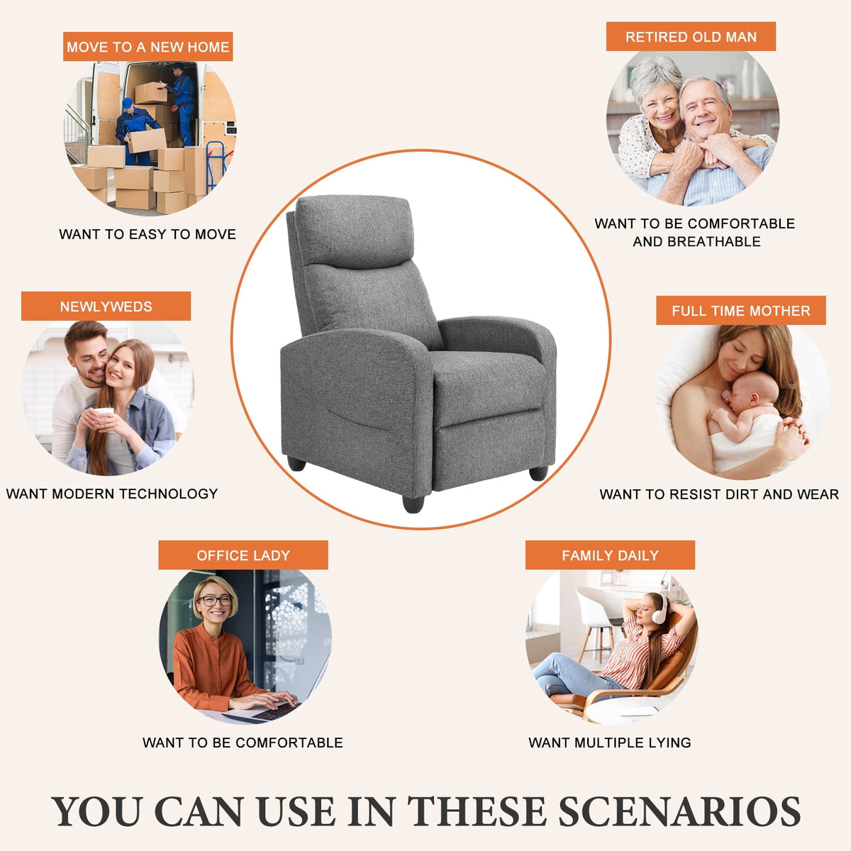 CONCETTA Vibration Massage Recliner Chair, 160 deg Reclining Small Sofa for Living Room & Home Theater, 275lbs Capacity, Relaxing Comfort, Gray