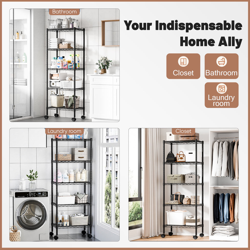 CONCETTA 5 Tier Heavy Duty Storage Shelves with Wheels, Adjustable Shelving Unit for Garage Kitchen Pantry, 200 lbs per Shelf, Black, 23" L x 13" W x 59" H