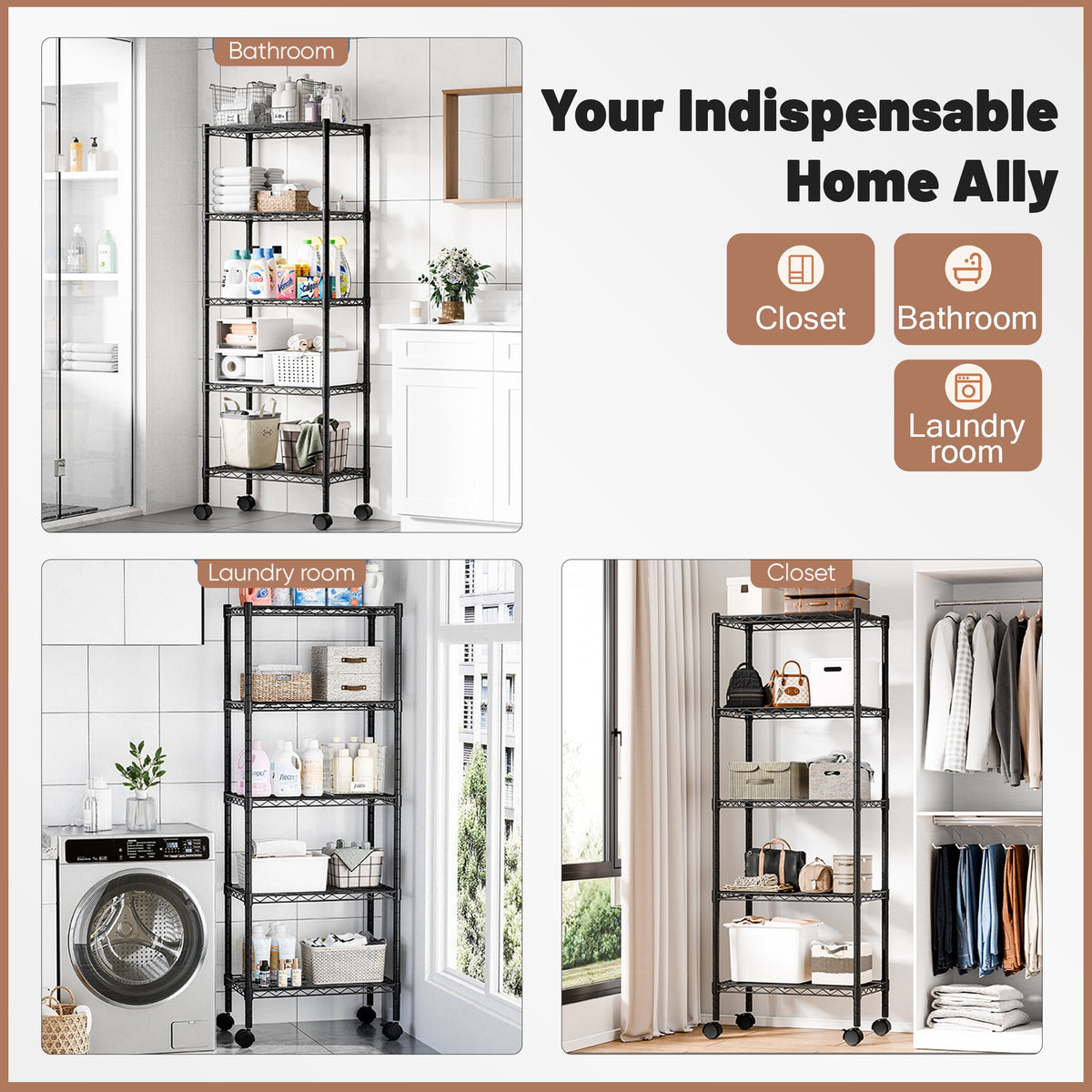 CONCETTA 5 Tier Heavy Duty Storage Shelves with Wheels, Adjustable Shelving Unit for Garage Kitchen Pantry, 200 lbs per Shelf, Black, 23" L x 13" W x 59" H