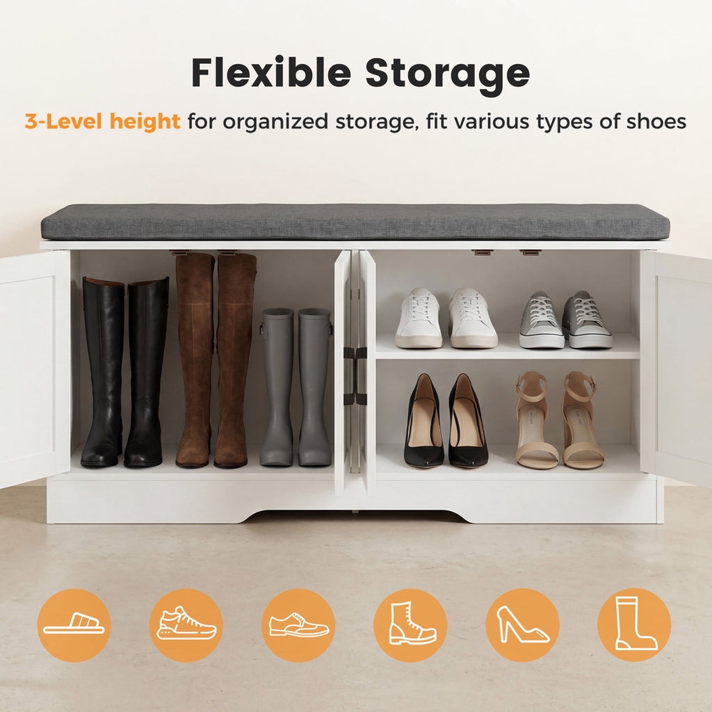 CONCETTA 47 Inch Width White Storage Bench, Padded Seat Entryway Shoe Bench Featuring 4 Barn Doors and Adjustable Storage Shelf