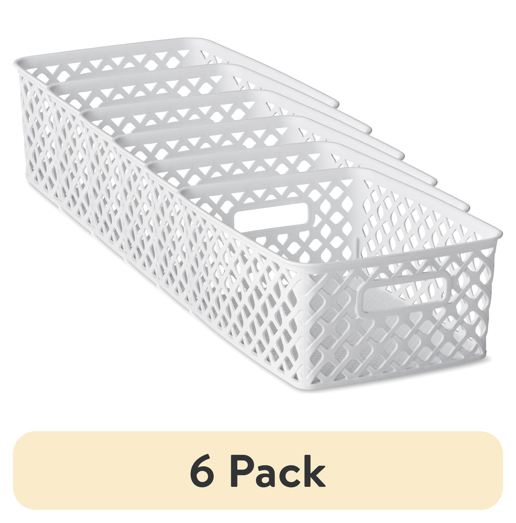 (6 pack) Mainstays Small White Decorative Plastic Storage Basket, 10 in x 7.9 in x 4 in