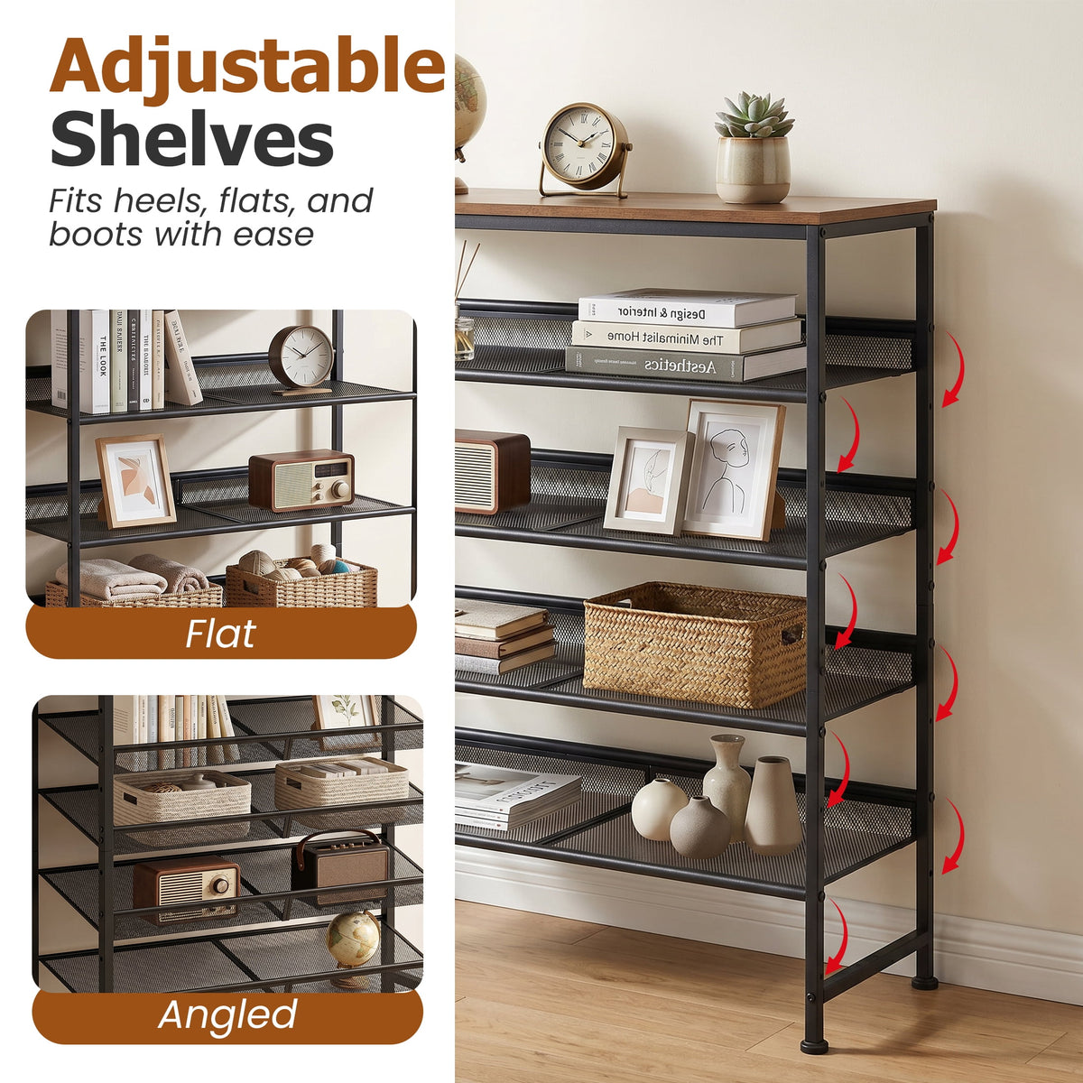 CONCETTA 5-Tier Adjustable Shoe Rack Antique Wood Mesh Metal Shelves Wooden Top for Entryway