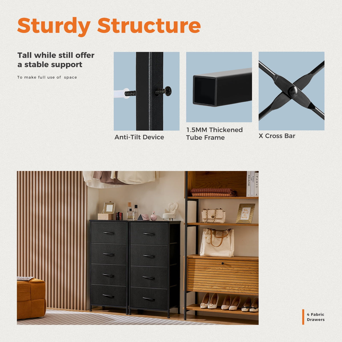 CONCETTA 4 Drawer Dresser, Wide Chest Drawers Nightstand Storage Tower Storage Fabric Dresser With Wood Top for Living Room, Bedroom, Closet, Black