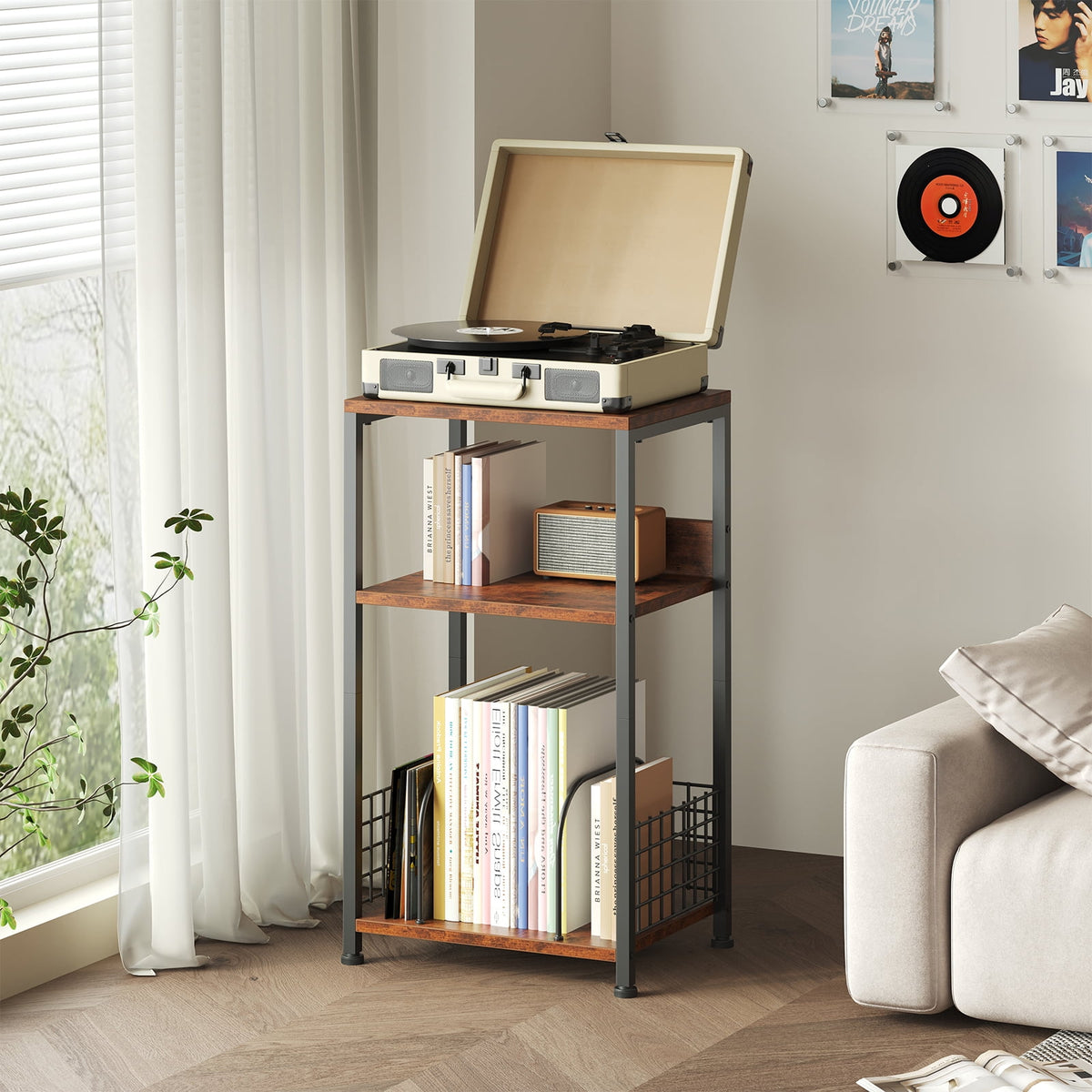 CONCETTA Record Player Stand, 3 Tier Turntable Table with Vinyl Storage for up to 100 Albums, End Side Table for Living Room Bedroom