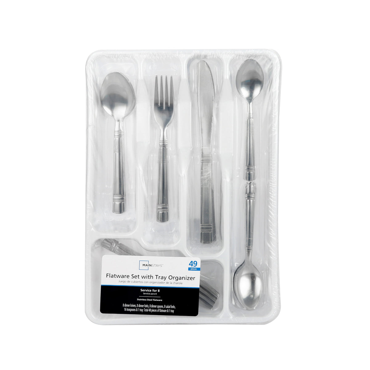 (4 pack) Mainstays 49 Piece Elena Adult Stainless Steel Flatware and Organizer Tray Value Set Silver, Service for 8