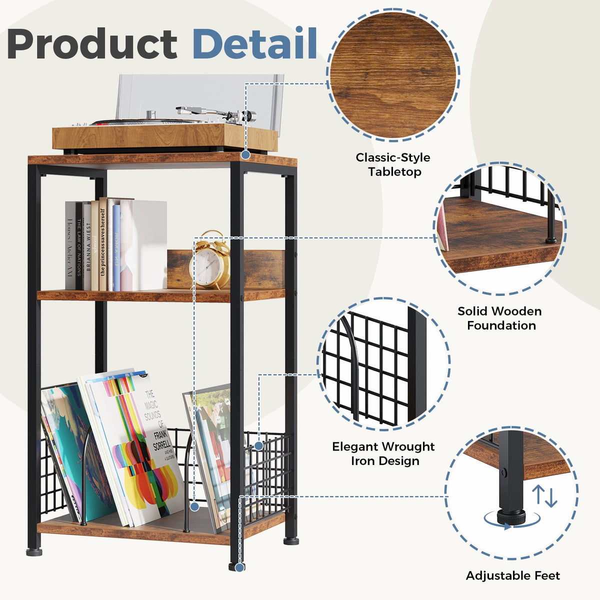CONCETTA Record Player Stand, 3 Tier Turntable Table with Vinyl Storage for up to 100 Albums, End Side Table for Living Room Bedroom