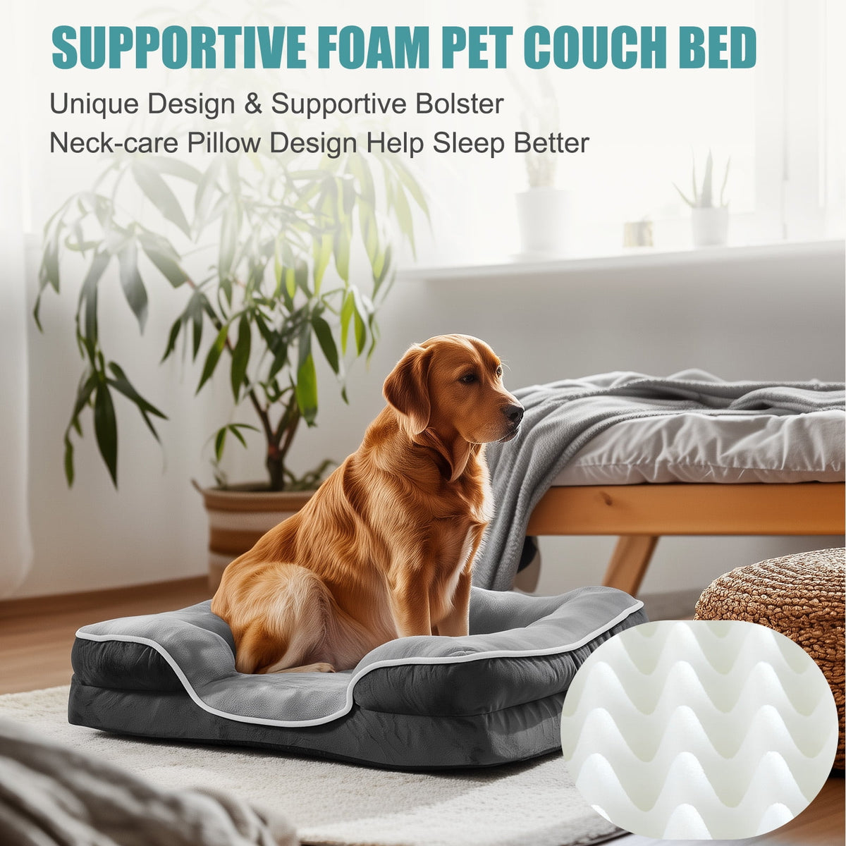 CONCETTA 42"x32" Orthopedic Dog Bed, XL Pet Sofa Bed with Egg Crate Foam Support, Machine Washable Cover, Gray