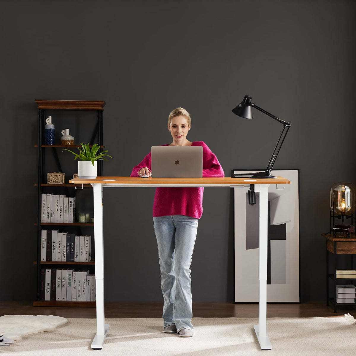 CONCETTA Electric Height Adjustable Desk, 55"x24" Ergonomic Sit Stand Workstation, One-Touch Lift Home Office Desk, Oak
