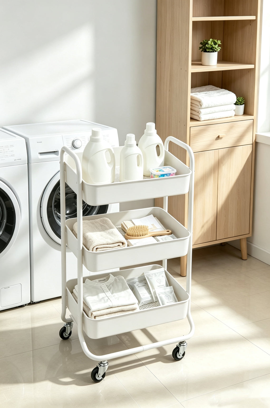 Mainstays 3-Tier Metal Laundry Cart, Arctic White, Rolling