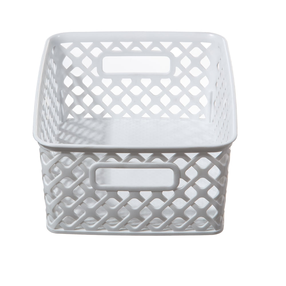 (6 pack) Mainstays Small White Decorative Plastic Storage Basket, 10 in x 7.9 in x 4 in