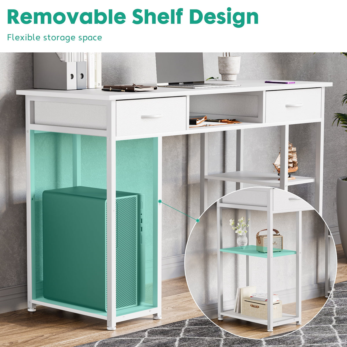 CONCETTA 48 inch Small Desk with Fabric Drawers & Storage Shelves, Computer Desk, Writing Desk for Home Office, Bedroom, White