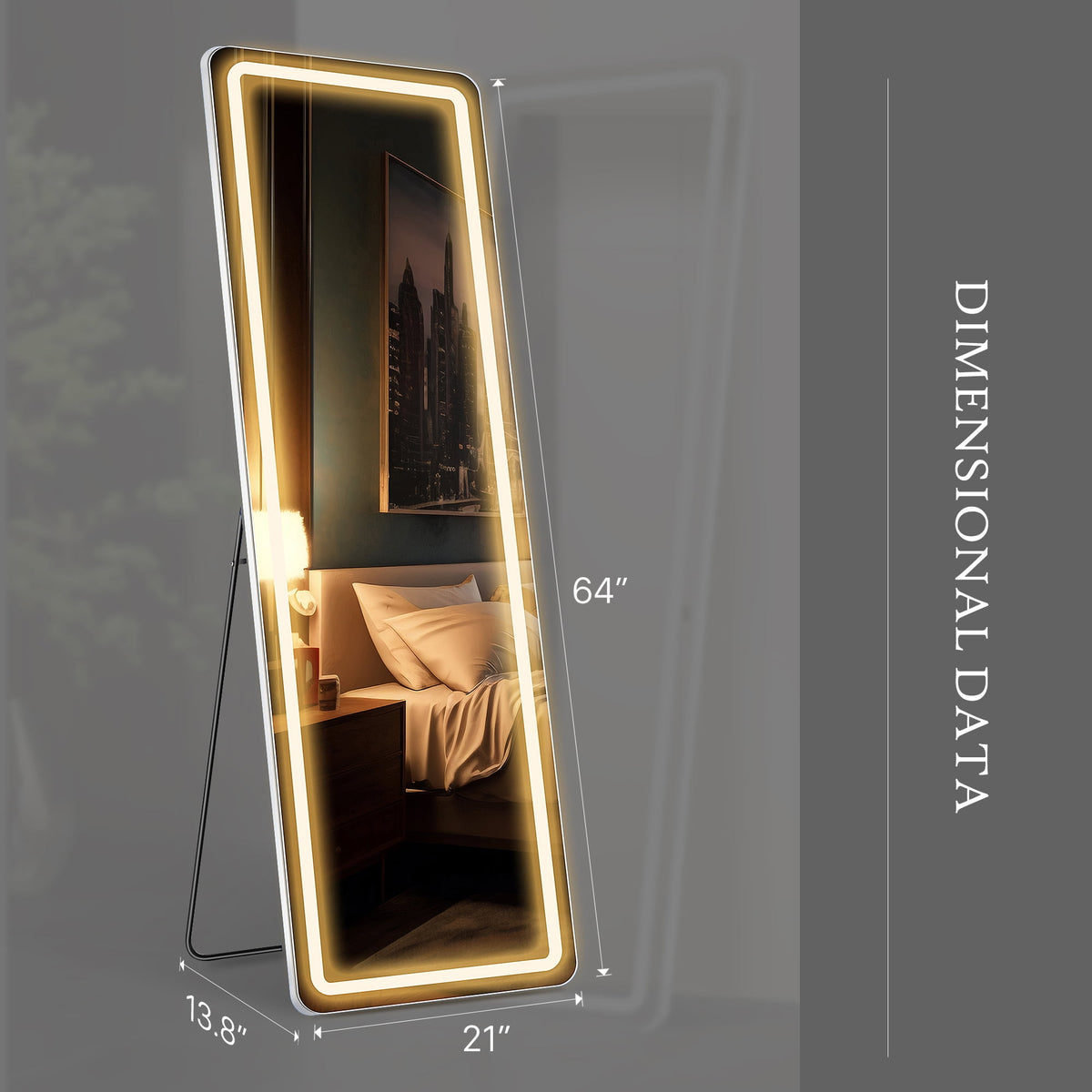 CONCETTA 64"x21" Rectangle LED Full Length Mirror, Full Body Standing Floor Mirror, 3 Color Modes for Bedroom, Cloakroom