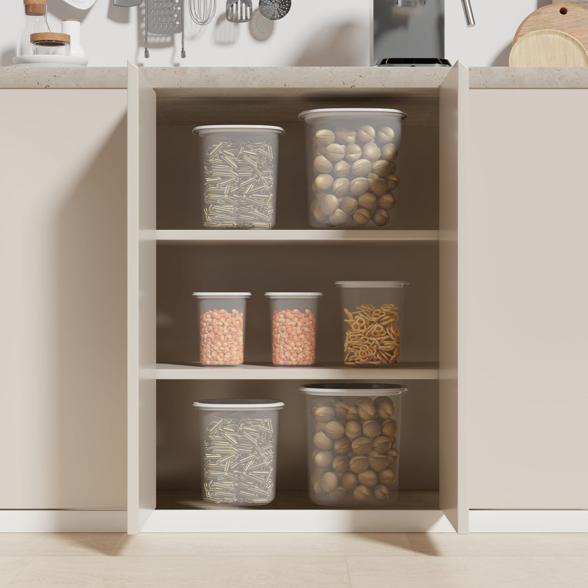 (4 pack) Mainstays 8-Piece Plastic Pantry Food Storage Container Set, Kitchen Pantry Organizer Canisters for Dry Food Storage and Pantry Organization