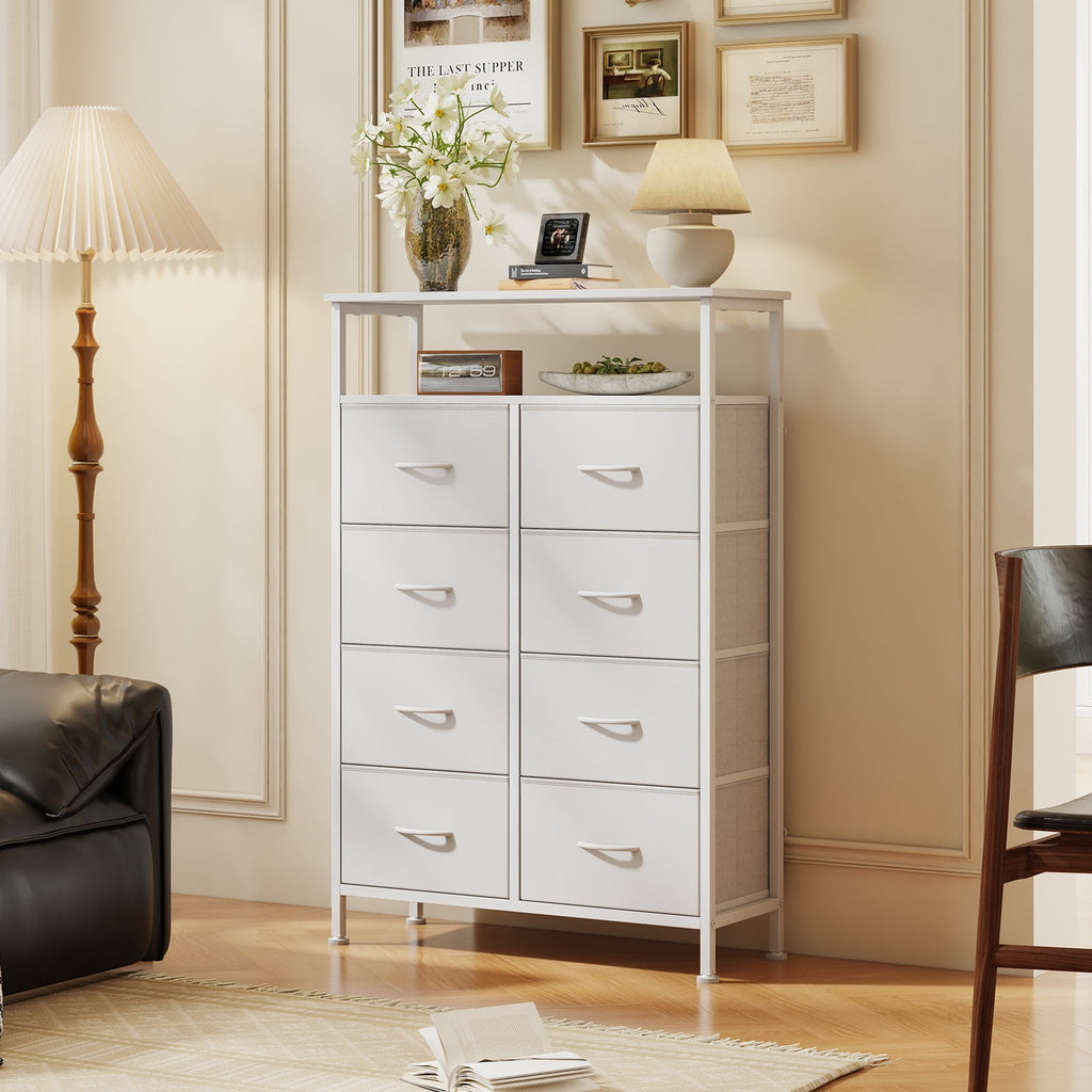 CONCETTA 8-Drawer Fabric Dresser with Open Shelf, Tall  Storage Organizer for Bedroom Closet, Living Room, Hallway, White