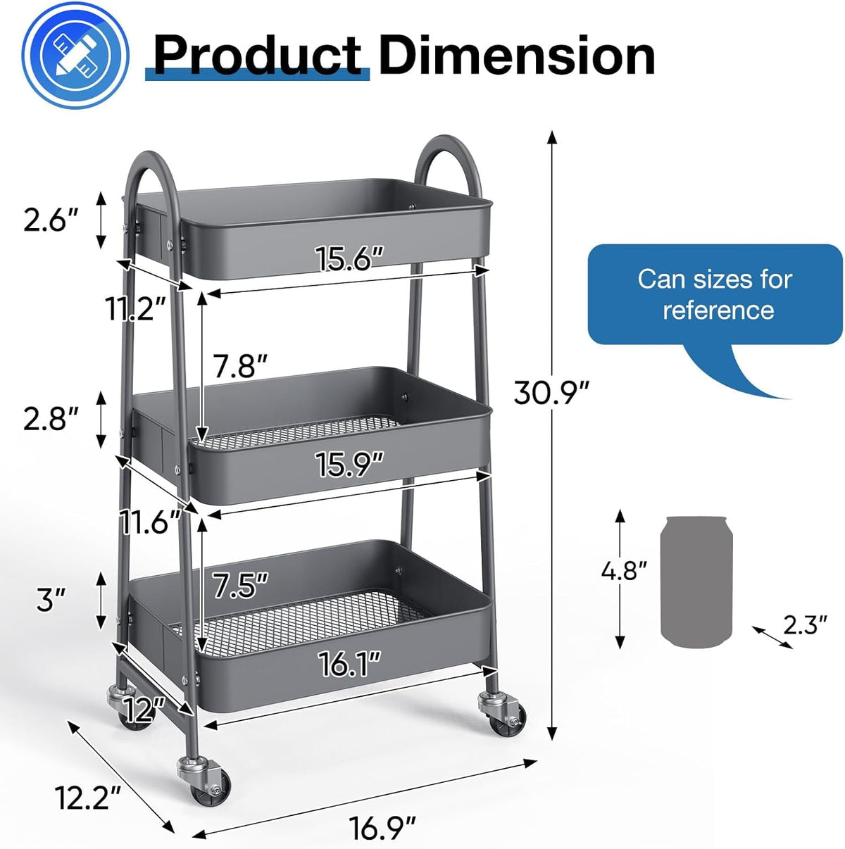 CONCETTA 3-Tier Utility Rolling Cart, Metal Mobile Storage Rack with Lockable Castors for Office, School, Bathroom, Gray