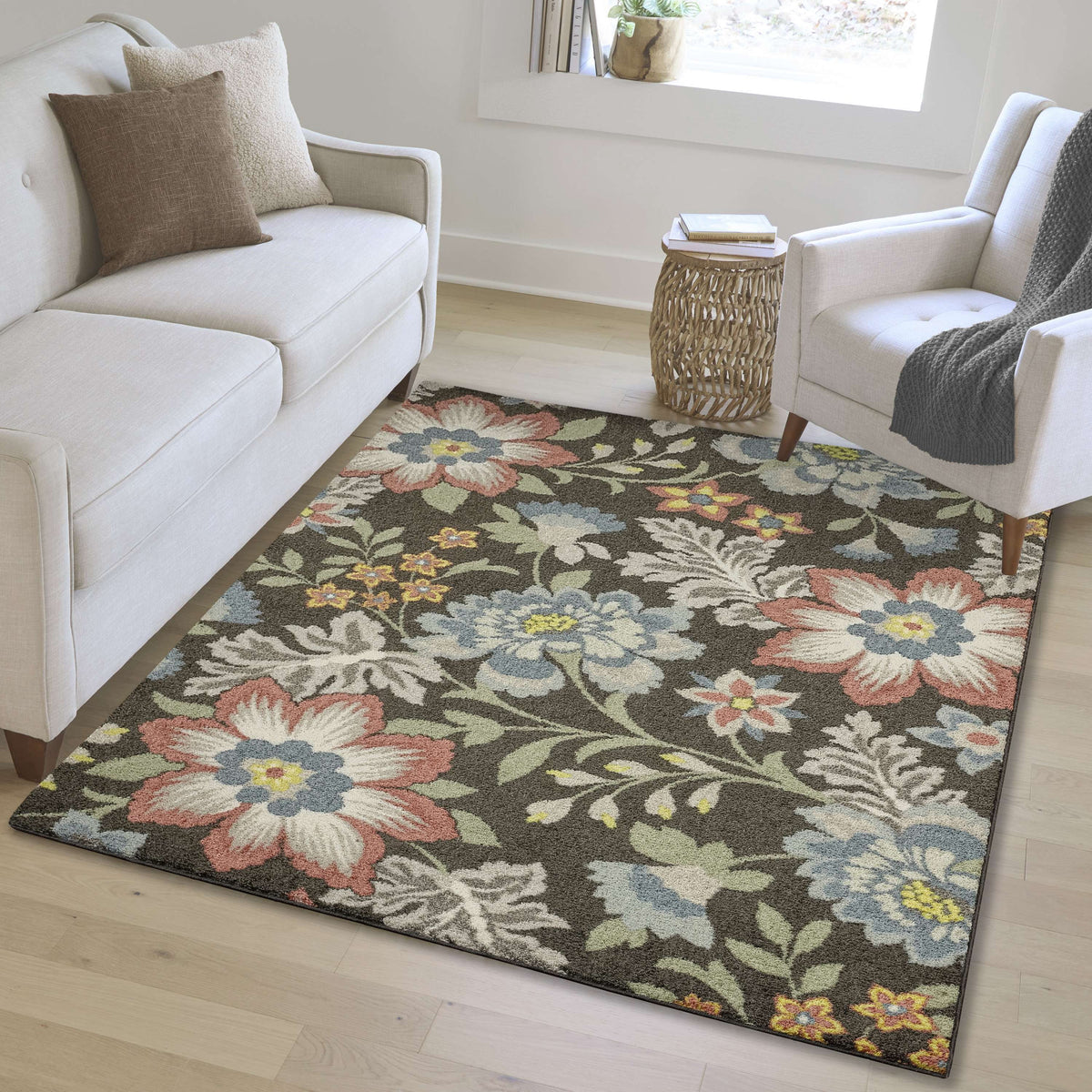 Mainstays Oversized Floral Gray Multicolor Indoor Area Rug, 5 ft x 7 ft