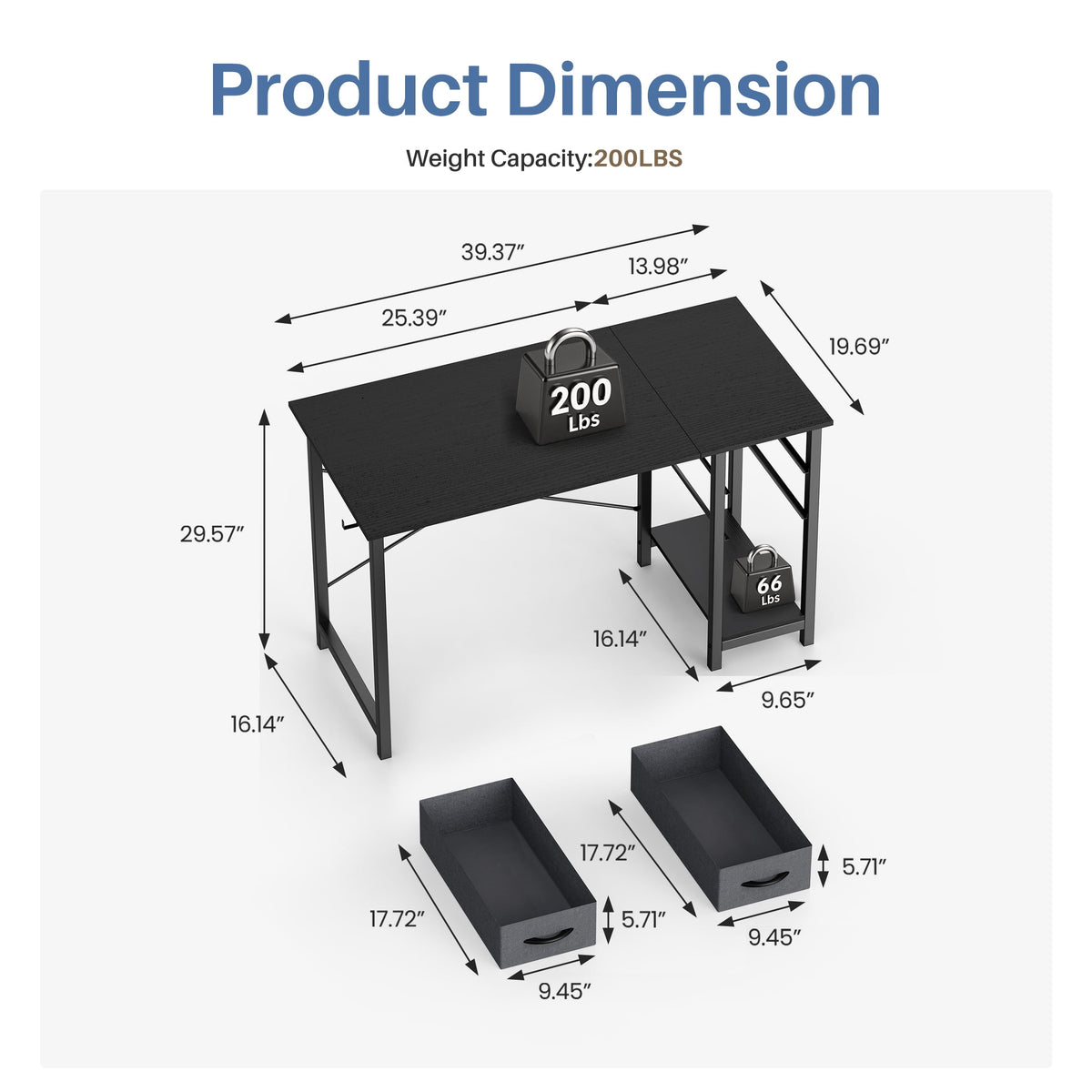 CONCETTA 40in Small Computer Desk with 2 Drawers, Side Headphone Hook, Writing Work Study Desk for Home, Black Wood