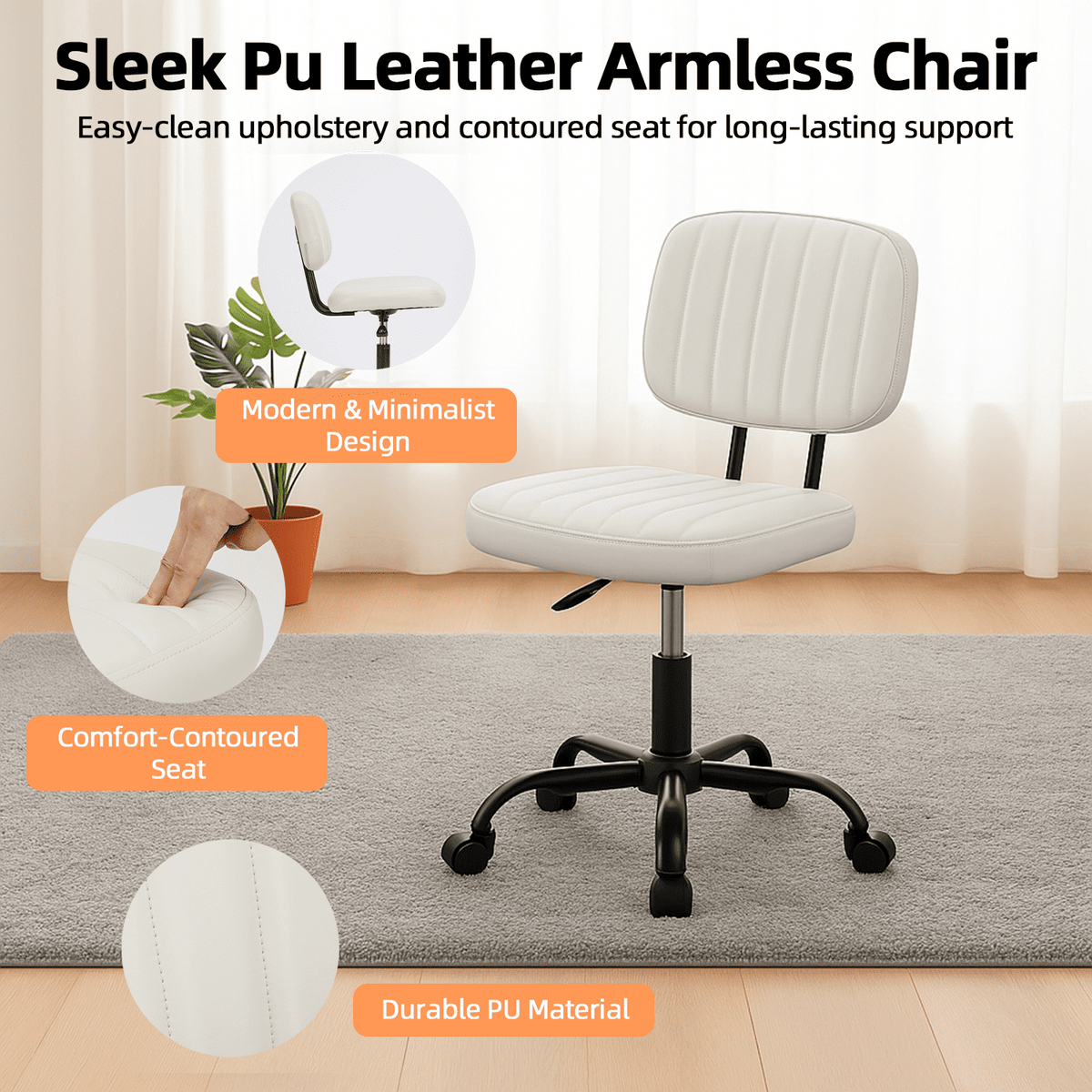 CONCETTA Ergonomic Home Office PU Leather Desk Chair, Small Space, Armless Rolling Chair for Adults, White