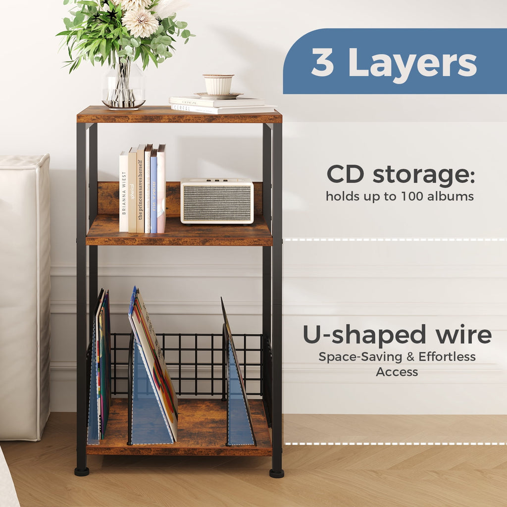 CONCETTA Record Player Stand, 3 Tier Turntable Table with Vinyl Storage for up to 100 Albums, End Side Table for Living Room Bedroom