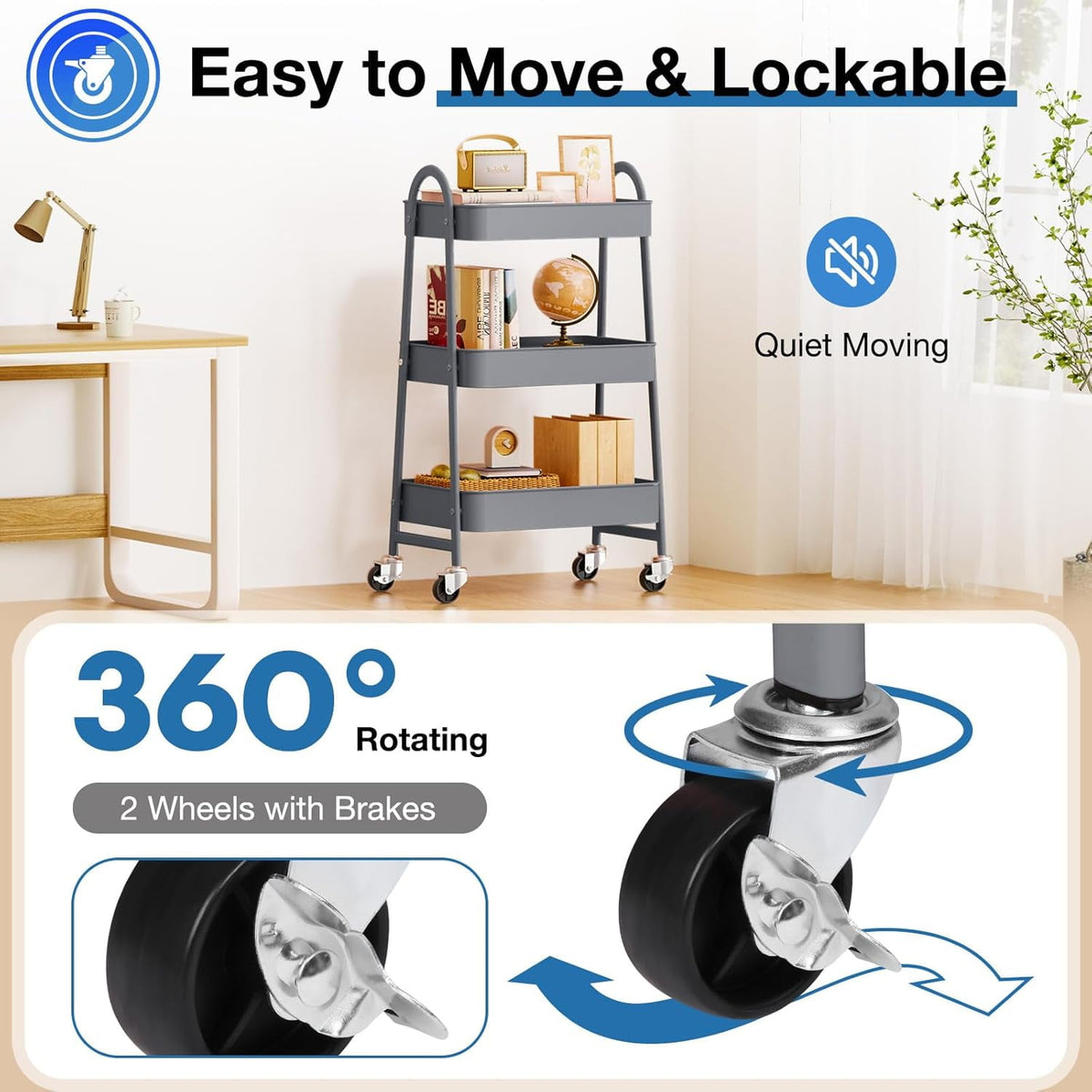 CONCETTA 3-Tier Utility Rolling Cart, Metal Mobile Storage Rack with Lockable Castors for Office, School, Bathroom, Gray