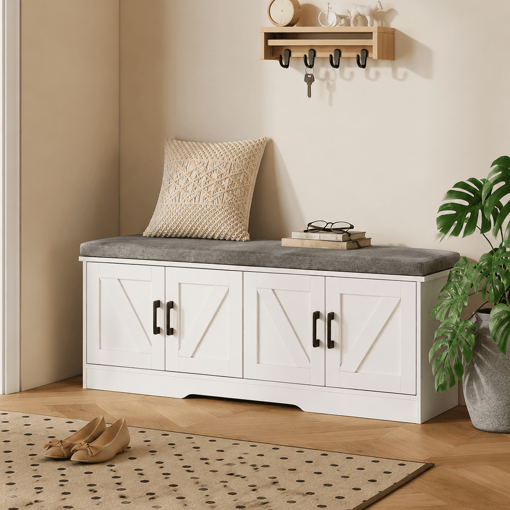 CONCETTA 47 Inch Width White Storage Bench, Padded Seat Entryway Shoe Bench Featuring 4 Barn Doors and Adjustable Storage Shelf