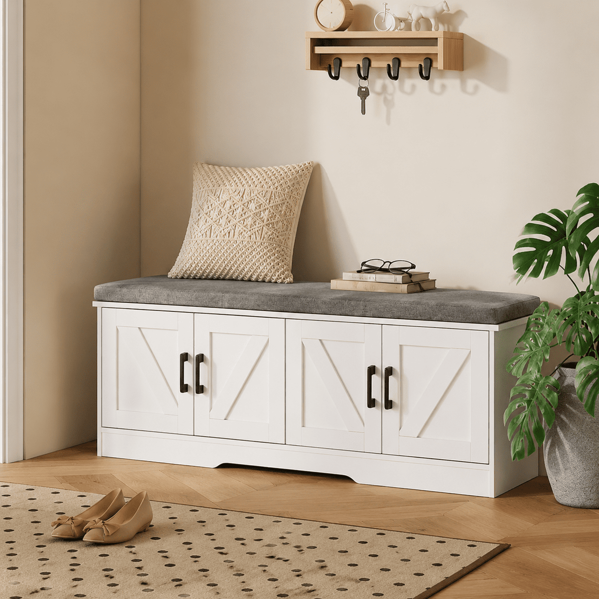 CONCETTA 47 Inch Width White Storage Bench, Padded Seat Entryway Shoe Bench Featuring 4 Barn Doors and Adjustable Storage Shelf