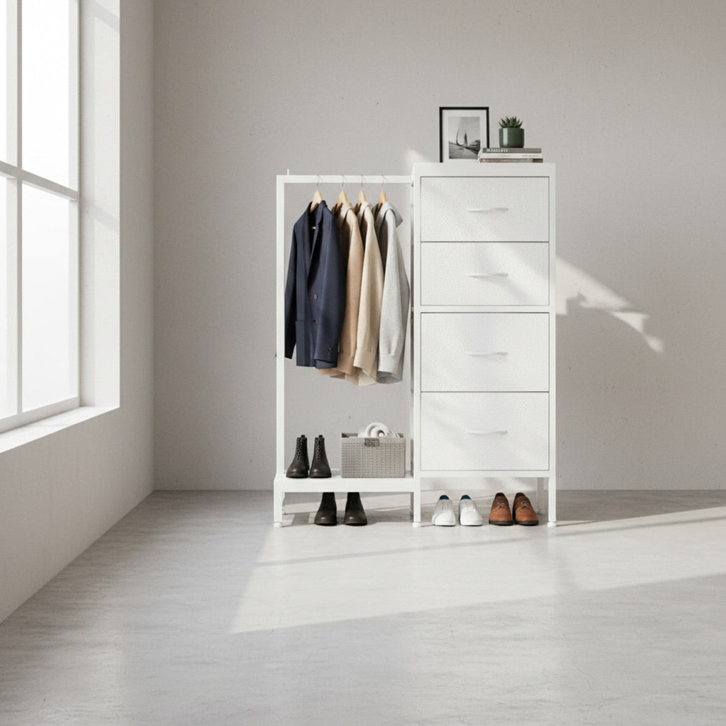 CONCETTA 4 Drawers Dresser with Hanging Rack, 44-inch Tall Reversible Fabric Chest, Bedroom Storage Tower, White