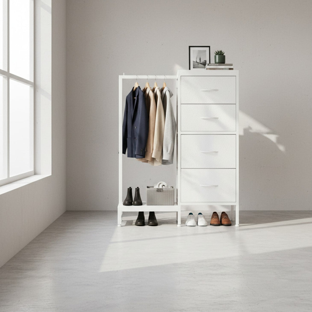 CONCETTA 4 Drawers Dresser with Hanging Rack, 44-inch Tall Reversible Fabric Chest, Bedroom Storage Tower, White