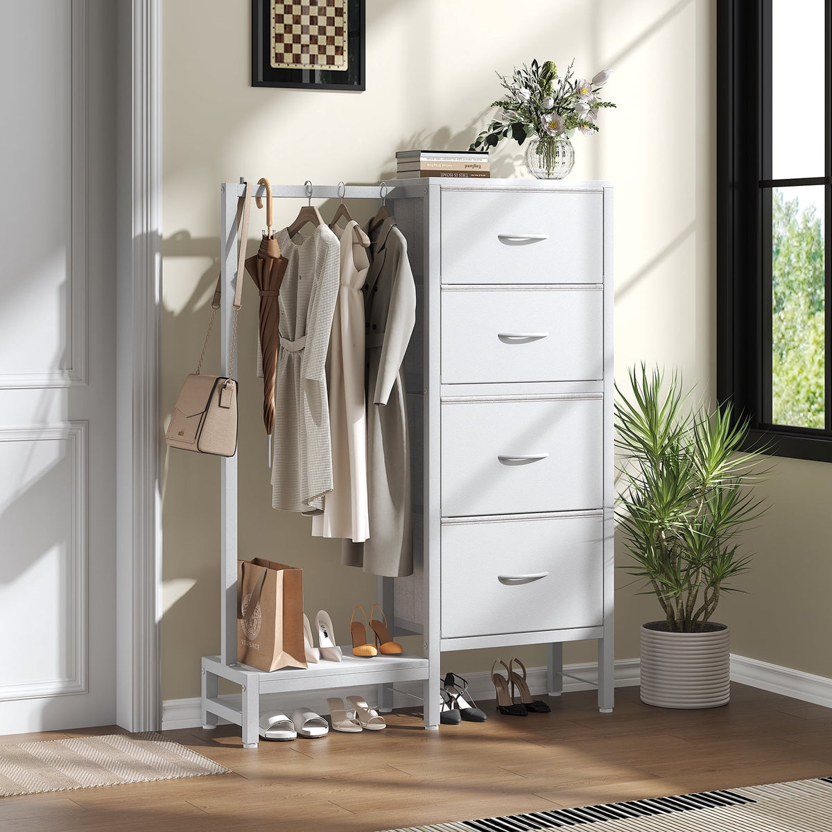CONCETTA 4 Drawers Dresser with Hanging Rack, 44-inch Tall Reversible Fabric Chest, Bedroom Storage Tower, White
