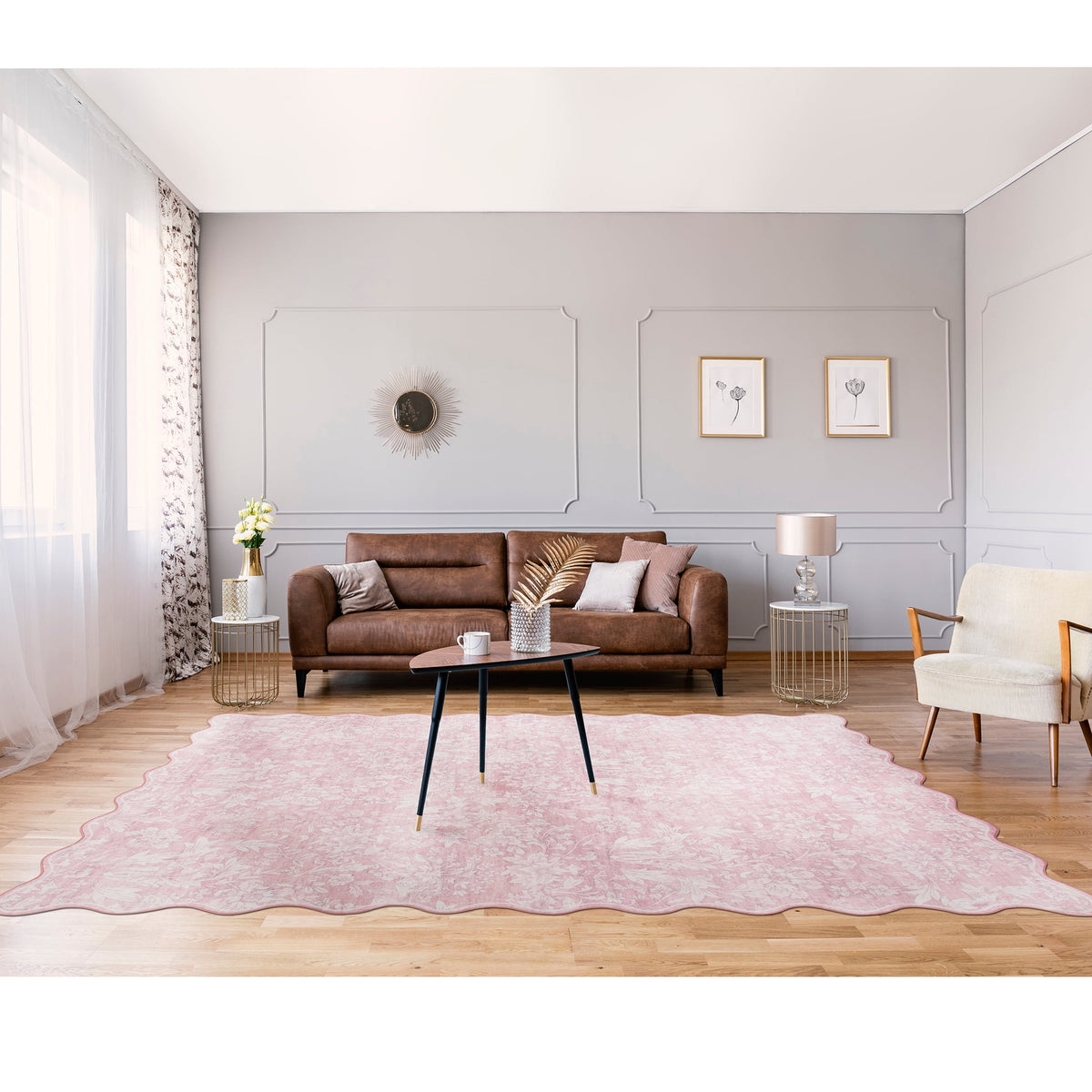 Mainstays Pink Feather Faux Fur Scalloped Indoor Area Rug, 7 ft x 10 ft