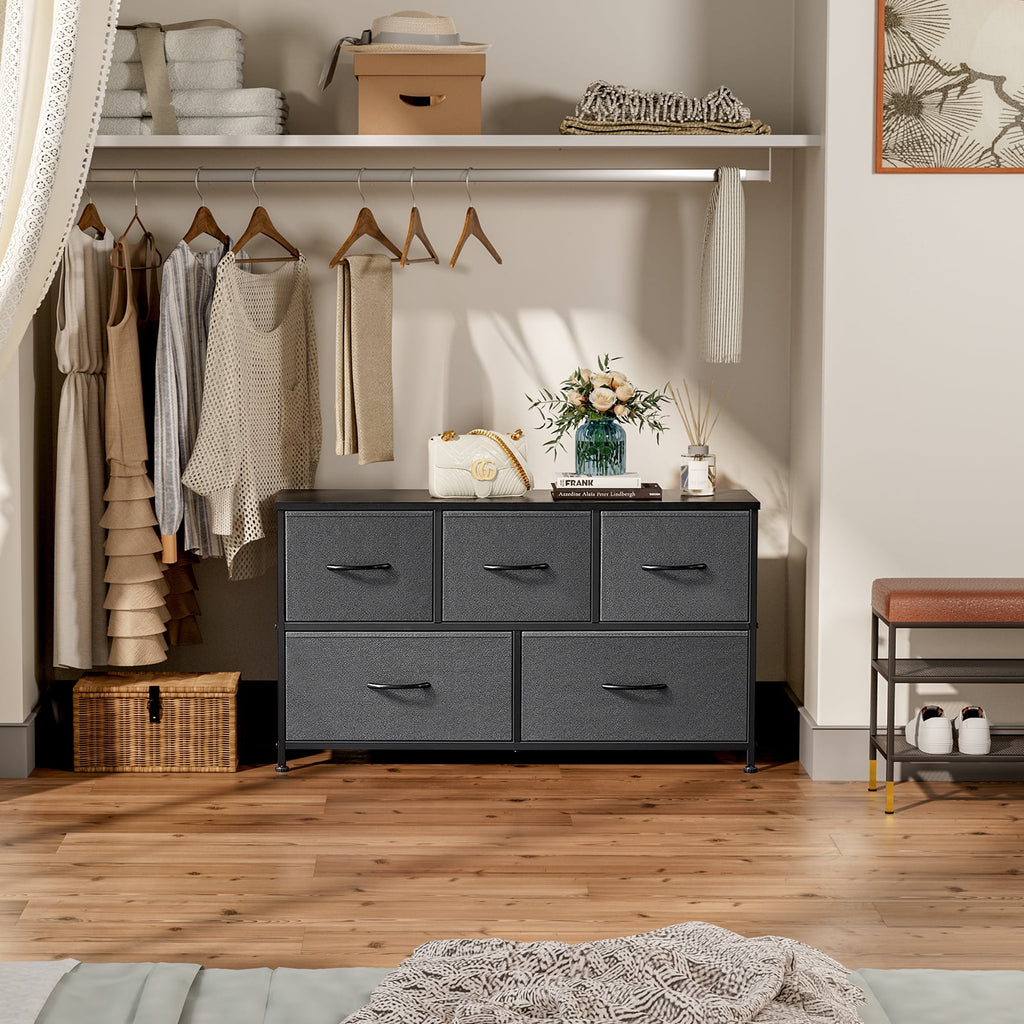 CONCETTA Dresser 5 Fabric Storage Drawer Dresser, TV Stand, Chest of Drawers for Bedroom, Closet, Entryway, Living Room, Gray