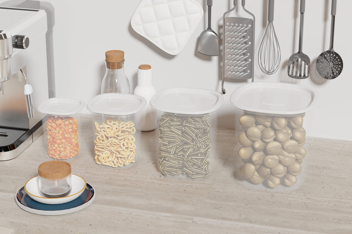 (4 pack) Mainstays 8-Piece Plastic Pantry Food Storage Container Set, Kitchen Pantry Organizer Canisters for Dry Food Storage and Pantry Organization
