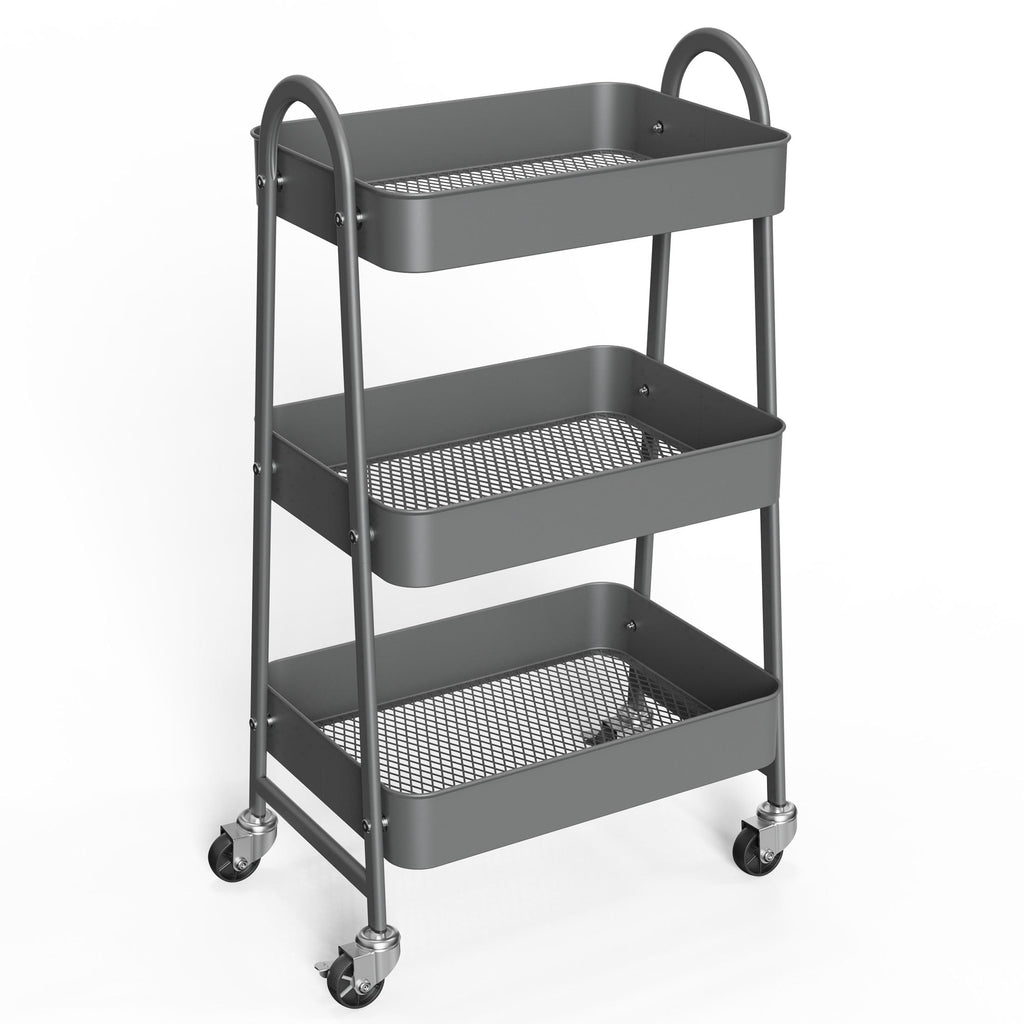 CONCETTA 3-Tier Utility Rolling Cart, Metal Mobile Storage Rack with Lockable Castors for Office, School, Bathroom, Gray