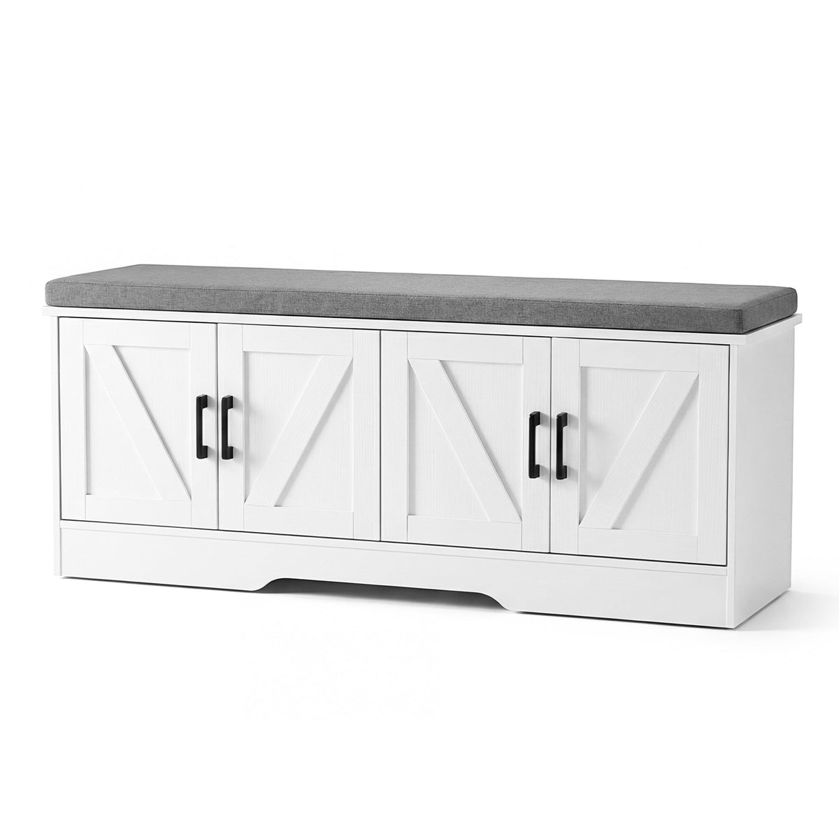 CONCETTA 47 Inch Width White Storage Bench, Padded Seat Entryway Shoe Bench Featuring 4 Barn Doors and Adjustable Storage Shelf